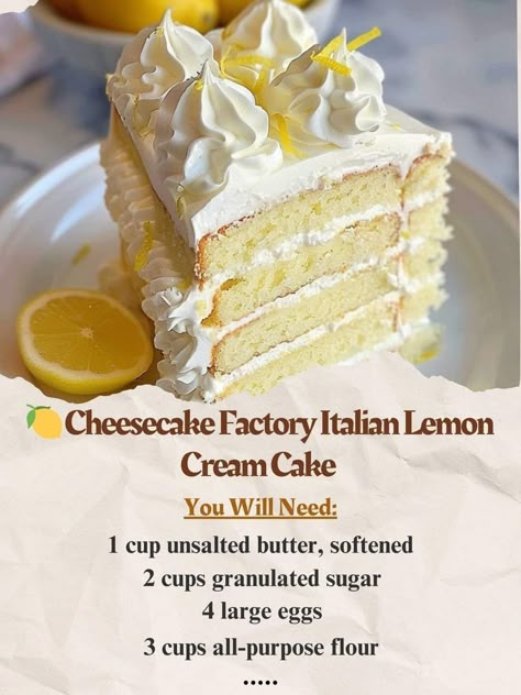 Birthday Cakes With Buttercream, Layer Dessert Recipes, 7 Layer Dessert, Italian Lemon Cream Cake, Layer Dessert, Recipes Cheesecake, Lemon Cream Cake, Cheesecake Factory Recipes, The Cheesecake Factory