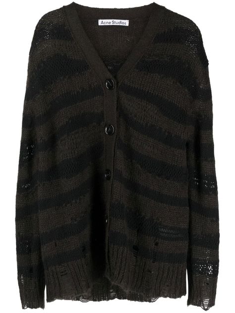 distressed stripe-print cardigan from ACNE STUDIOS featuring charcoal grey, black, mohair-cotton blend, knitted construction, distressed effect, ripped detailing, horizontal stripe pattern, front button fastening, V-neck, long sleeves and straight hem. Cardigan Grunge, Grunge Cardigan, Outfits With Grey Cardigan, Charcoal Cardigan, Long Grey Cardigan, Outfit Grunge, Bleached Jeans, Grunge Outfit, Aesthetic Grunge Outfit