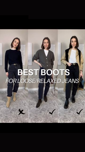 Sansha on Instagram: "WHAT SHOES DO I WEAR - this is an age old question, and seems to be the thing that most of us struggle with when it comes to styling. Today I’m sharing helpful style tips for choosing the best (and most flattering) style of boots for loose/relaxed jeans. A few key things to remember: 1. Full length jeans - already has a lot of fabric “pooling” at the feet so you want to avoid very chunky boots with round toes as this will make your legs look shorter and you outfit bottom h Western Style Mid-calf Boots With Closed Toe For Winter, Western Style Mid-calf Boots With Square Toe For Winter, Relaxed Fit Wide-leg Jeans For Elevated Casual, Non-stretch Wide Leg Jeans For Day Out, Versatile Everyday Wide-leg Jeans, Relaxed Jeans, Chunky Boots, Cool Boots, Full Length