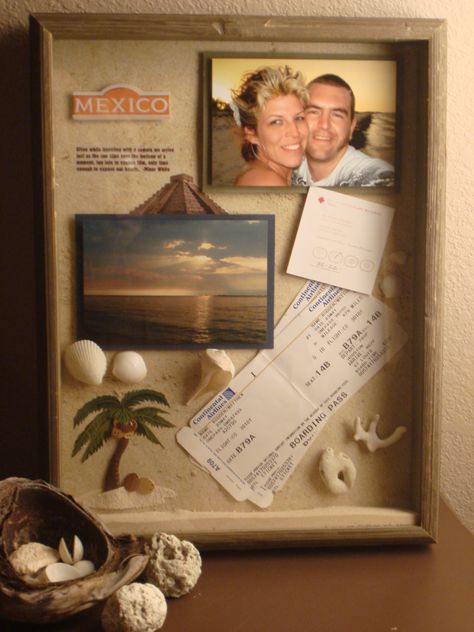 Shadow box from vacation, easy way to display without making a scrapbook! Bedroom Ideas Beach Theme, Making A Scrapbook, Travel Shadow Boxes, Scrapbook Shadow Box, Bedroom Ideas Beach, Beach Shadow Boxes, Travel Photos Display, Shadow Box Ideas, Souvenir Display