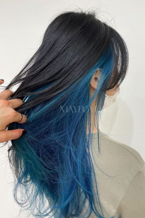 Highlights Asian Hair, Blue Hair Underneath, Undercolor Hair, Under Hair Dye, Blue Hair Color Ideas, Under Hair Color, Hair Dyed Underneath, Blue Hair Aesthetic, Blue Hair Highlights