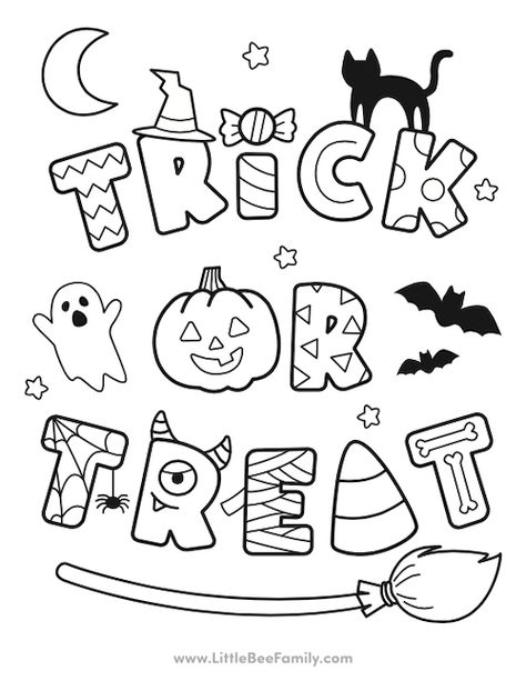 Trick or Treat Coloring Page Halloween Toddler Coloring Pages, Halloween Preschool Coloring Pages, Toddler Halloween Coloring Pages, Halloween Color Sheets Free Printable, Halloween Kids Coloring Pages, Cute Halloween Coloring Sheets, Easy Halloween Coloring Pages, Simple Halloween Coloring Pages, Free Halloween Coloring Pages Printables