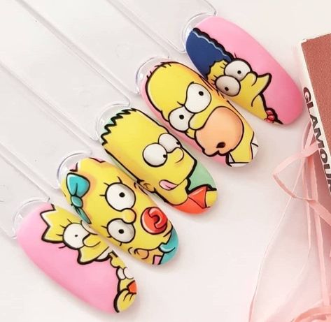 The Simpsons Nail Art, Nail Art Designs Character, The Simpsons Nails, Animation Nail Art, Simpsons Nails, Disney Character Nails, Cartoon Character Nails, Printable Nail Art Practice Sheet, Printable Nail Art