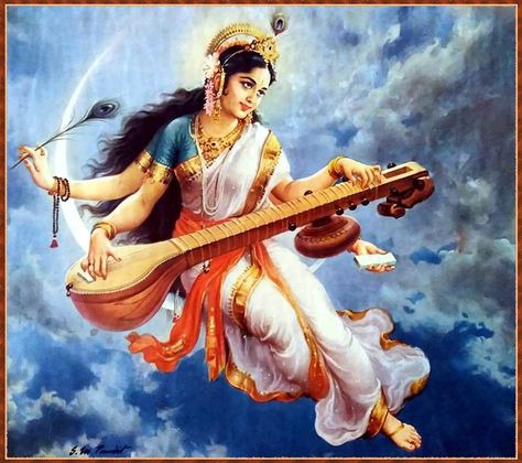 Sharada Devi, Saraswati Picture, Saraswati Painting, Saraswati Mata, Goddess Saraswati, Saraswati Devi, Rajasthani Art, Saraswati Goddess, Hinduism Art