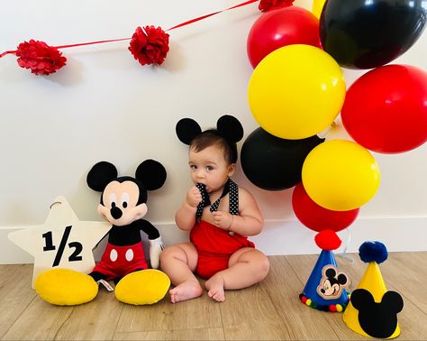 Half Birthday | Half Way to One | 1/2 Birthday Photos | Disney Baby Photoshoot | Mickey Mouse Baby Photos 6 Month Mickey Mouse Pictures, Half Birthday Cake Mickey Mouse, Mickey Mouse 6 Month Cake, Mickey Mouse 6 Month Photo Shoot, Mickey Mouse Half Birthday Ideas, Disney Half Birthday, Mickey Mouse Half Birthday Cake, Disney Baby Photoshoot, Half Birthday Ideas For Boys Photoshoot