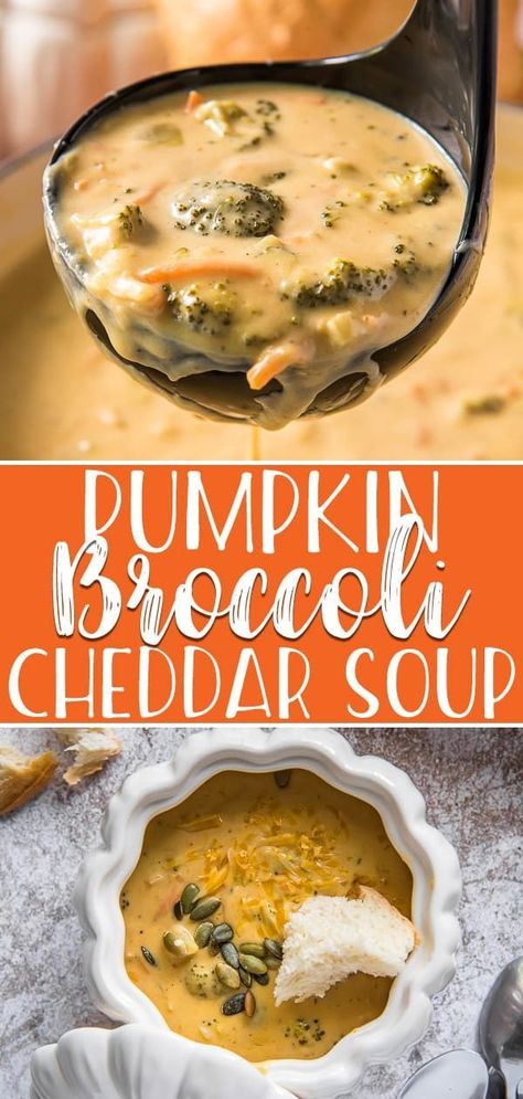 Creamy, cheesy, and better than any restaurant, this Pumpkin Broccoli Cheddar Soup is hiding a fall veggie addition that you and your family are going to love! Made in one pot in less than an hour, you can be on your way to comfort food any night of the week. #crumbykitchen #pumpkinweek #sponsored #broccolisoup #broccoli #broccolicheesesoup #soup #souprecipe #easyrecipe #fallrecipes #pumpkin Cheesy Pumpkin Soup, Savory Pumpkin Recipes Soups, Family Soup, Favorite Soups, Crockpot Ideas, Savory Pumpkin Recipes, Quick And Easy Soup, Pumpkin Recipe, Best Soup Recipes