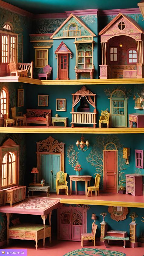 Wes Anderson Dollhouse, Painted Dolls House, Hand Painted Dolls House, Maximalist Dollhouse, Doll House Colors, Refurbished Doll House, Dollhouse Color Schemes, Barbie Dollhouse Makeover, Aesthetic Dollhouse