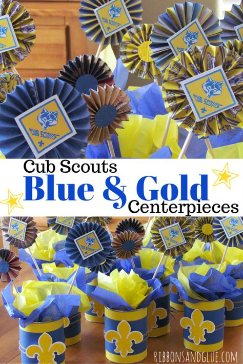 Cub Scout Blue And Gold Centerpieces, Blue And Gold Centerpieces, Cub Scout Law, Cub Scout Skits, Scout Camping Activities, Arrow Of Light Ceremony, Blue And Gold Banquet, Centerpieces Blue, Cub Scout Crafts