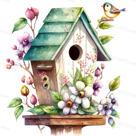 Spring Garden Bird House Design Birdhouse Garden Clipart - Etsy Garden Clipart, Garden Birdhouses, House Clipart, Clipart Baby, Spring Clipart, Birdhouse Designs, Spring Birds, Hand Embroidery Pattern, Watercolor Bird