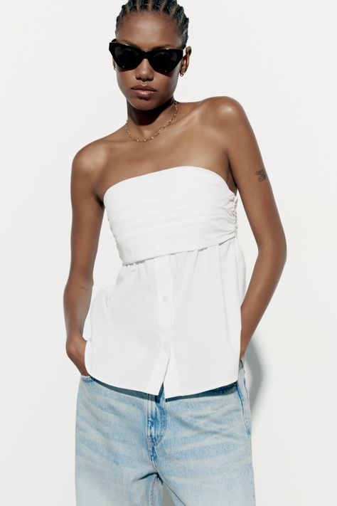 STRETCH POPLIN TOP - White | ZARA Spain Zara Poplin Top, Zara Spain, Poplin Top, Casual Outfit Ideas, Stretch Top, Straight Neckline, Zara United States, Button Detail, White Tops