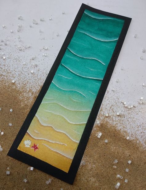 Beach themed bookmark  Medium : watercolor cakes on watercolor paper Beach Bookmark Watercolor, Easy Watercolor Bookmark Ideas, Ocean Sketchbook, Ocean Bookmark, Beach Bookmark, Watercolor Cakes, Summer Bookmarks, Birch Trees Painting, Marvel Art Drawings