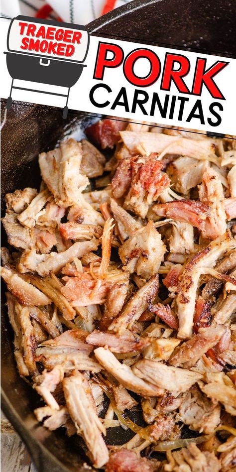 Smoked Pork Carnitas, Traeger Pulled Pork, Pork Carnitas Recipe, Smoked Pork Shoulder, Mexican Flavors, Pulled Pork Tacos, Carnitas Recipe, Smoked Pulled Pork, Pellet Grill Recipes