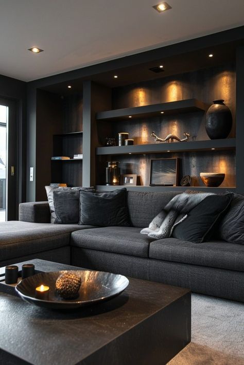 29 Dark Grey Couch Living Room Ideas for Sophisticated Style 9 Charcoal Sofa Living Room, Grey Couch Living Room Ideas, Dark Grey Couch, Dark Living Room Ideas, Black Couch Living Room, Dark Grey Couch Living Room, Dark Grey Couches, Dark Grey Living Room, Couch Living Room Ideas