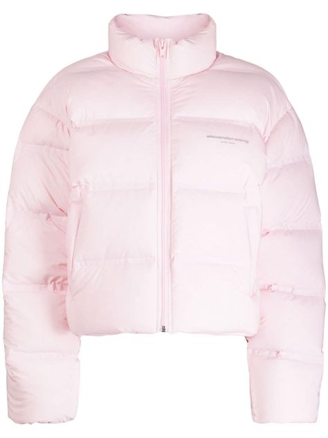 blush pink padded design quilted down-feather filling reflective logo print at the chest stand-up collar front zip fastening long sleeves front zip fastening pockets straight hem Pink Cropped Jacket, Pinterest House, Chest Stand, Ribbed Jacket, Cropped Puffer Jacket, Versace Outfit, City Dress, American Brand, Clothing Logo