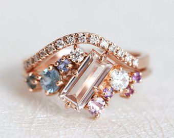 Etsy :: Your place to buy and sell all things handmade Morganite Ring Set, Morganite Wedding Rings, Cluster Ring Set, Modern Engagement Rings, Cluster Engagement Ring, Classic Engagement Rings, Diamond Ring Settings, Morganite Ring, Stone Engagement Rings