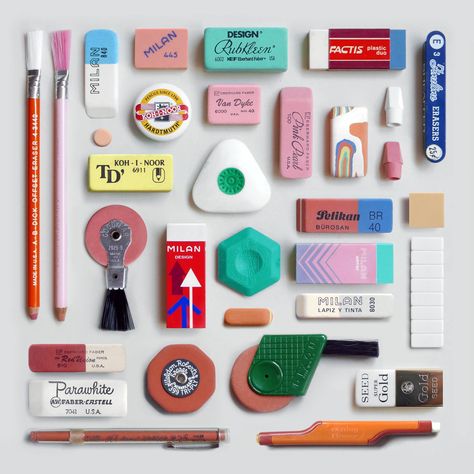 Eraser Collection, Cool Erasers, Things Organized Neatly, Product Poster, Art Supplies Storage, Vintage Stationery, Cool School Supplies, Notebook Art, Poster Colour