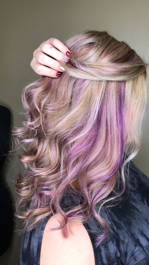 Purple Foils In Blonde Hair, Blonde With Violet Underneath, Brown Purple And Blonde Hair, Blonde Highlights Purple Lowlights, Short Blonde Purple Hair, Blonde With Purple Money Piece, Dark Purple Highlights Blonde Hair, Purple And Blonde Hair Ideas, Dark Blonde Hair With Purple Highlights