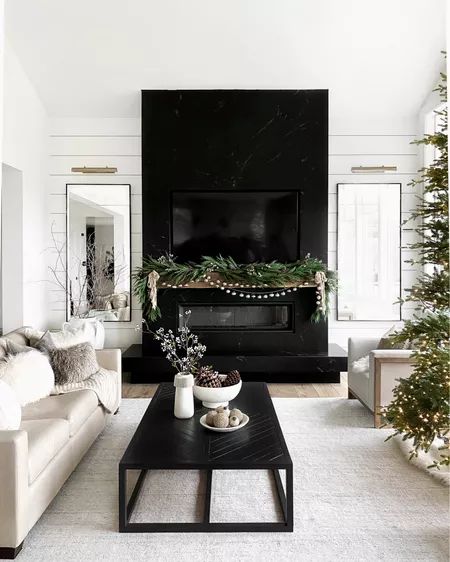 Pre-Lit Hemlock Pine Garland curated on LTK Minimalist Christmas Decor, Black And White Living Room, Black Fireplace, Christmas Mantle Decor, Christmas Fireplace Decor, Christmas Mantel Decorations, Christmas Mantle, Tv Decor, Living Room Tv Stand