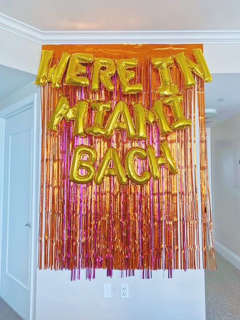 Miami Bachelorette Decor Set Up by Got Your Bash Im In Miami Bach, Miami Vice Bachelorette Party Theme, Hens Party Decorations Ideas, Miami Party Decor, Bachelorette Party Ideas Miami, Bach Trip Decorations, Miami Bachelorette Aesthetic, Miami Bachelorette Party Decorations, Miami Party Theme