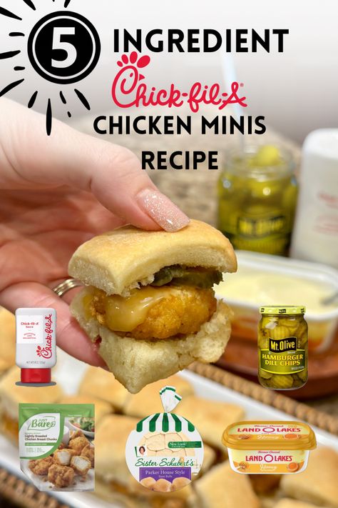 These Chick fil-A Chicken Minis are just 5 or less ingredients and taste just like the restaurant! Air fry or bake the chicken for a perfect recipe. They are served on yeast rolls with the classic sweet and sour sauce. Airfryer Pickles, Chicken Minis Recipe, Chik Fil A Chicken, Chick Fil A Recipe, Chick Fil A Sandwich, Book Club Food, Chicken Minis, Chicken Breakfast, Restaurant Specials