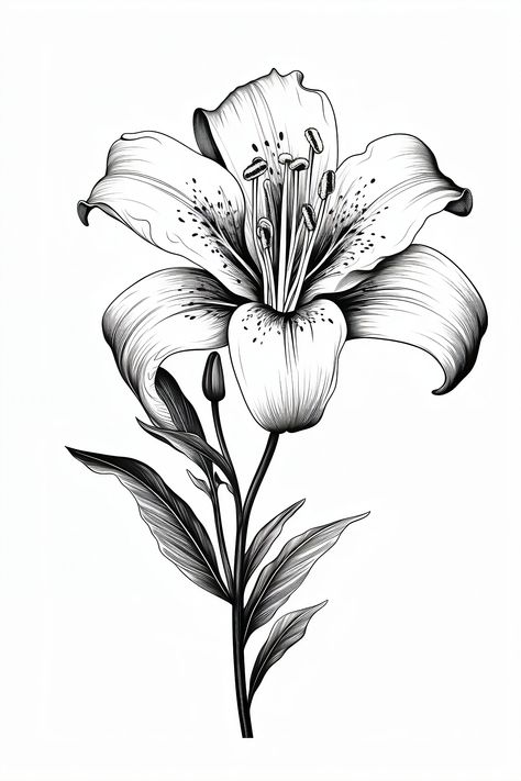 Drawing Of A Lily, Lilly Flower Drawing, Stargazer Lily Tattoo, Flor Tattoo, Lilies Drawing, Lily Flower Tattoos, Simple Line Art, Lilly Flower, Flower Line Drawings