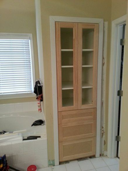 Built-in bathroom linen cabinet Linen Cabinet Bathroom, Closet In Bathroom, Bathroom Built Ins, Bathroom Linen Closet, Closet And Bathroom, Cabinet Bathroom, Bathroom Linen Cabinet, Bathroom Closet, Master Bath Remodel