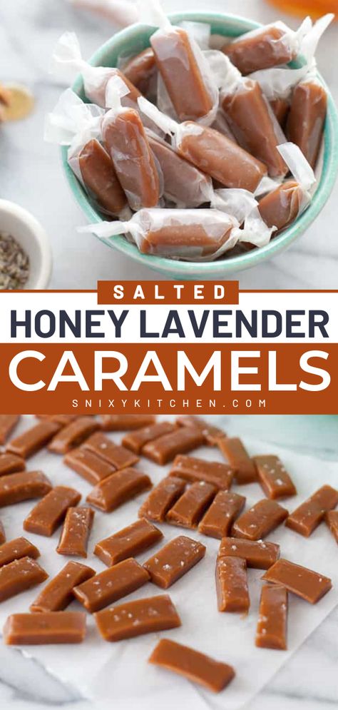 Looking for a quick and easy no-bake treat? These Salted Honey Lavender Caramels are homemade caramels that taste like a spoonful of honey with just a hint of fresh lavender and a kick of fleur de sel. Pin this yummy dessert recipe! Honey Lavendar Recipe, Lavender Caramel Recipe, Wildflower Honey Recipes, Lavender Honey Butter, How To Make Flavored Honey, Lavender Salt Cooking, Lavender Honey Recipe, Camomile Recipe, Things To Make With Honey