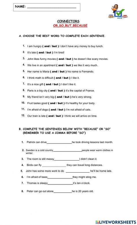 Connectors: and, so, or, because, but worksheet So And But Worksheet, And But Because Worksheet, Connectors English Worksheets, So And Because Worksheet, And Or But Worksheets, And But So Because Worksheet, And But Worksheet, So Because Worksheet, But Worksheet