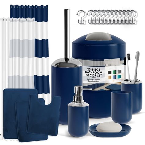 PRICES MAY VARY. Microfiber Navy Blue Bathroom Accessories Set: Update your bathroom with blue bathroom decor sets, creating a stylish haven with our navy blue bathroom rugs and matching bathroom accessory set. Bathroom Sets with Shower Curtain and Rugs: Includes 3 bath rugs, toothbrush holder, tumbler, soap dispenser, soap dish, bathroom trash can, toilet brush, and fabric shower curtain set with plastic shower curtain liner and 12 shower curtain rings. Bathroom Rugs Sets, 3 Piece: Ultra plush, Navy Blue Bathroom Decor, Navy Blue Shower Curtain, Bathroom Sets Shower Curtains, Navy Blue Bathrooms, Navy Bathroom, Blue Bathroom Accessories, Gray Bathroom Accessories, Blue Bathroom Decor, Plastic Shower