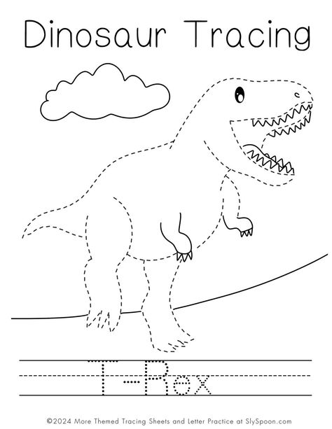 Free Dinosaur Letter Tracing pre-writing worksheets - T-rex - Get your little ones excited about learning with these free printable Dinosaur Letter Tracing worksheets! These fun dino-themed activities will help them practice their pre-writing skills while having a blast. Perfect for preschoolers and kindergarteners. #Dinosaur #LetterTracing #PreWritingSkills #PrintableWorksheets #KidsActivities #LearningFun #Preschool #Kindergarten #Homeschooling #ParentingTips Kindergarten Activities For September, Dino Worksheets Preschool, Dinosaur Worksheets 2nd Grade, Dinosaur Worksheets Kindergarten, Free Dinosaur Printables Preschool, Tracing Dinosaurs, Pre Writing Activities For Toddlers, Dinosaur Writing Activities Preschool, Dinosaur Tracing Sheets Free Printable