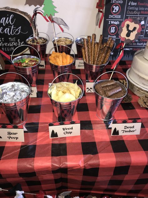 Lumberjack Themed Food, Lumberjack Baby Shower Theme Food, Moose Themed Birthday Party, Moose Birthday Party, Lumberjack Food Ideas, Lumberjack First Birthday Food, Black Bear Birthday Party, Lumberjack Baby Shower Food, Lumberjack Party Food