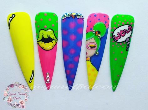 Pop Art En Uñas, Pop Art Nail Art, Moms Nails, Pop Art Nails, 2022 Nails, Art Nail Art, Nail Pops, Nice Nails, Green Ivy