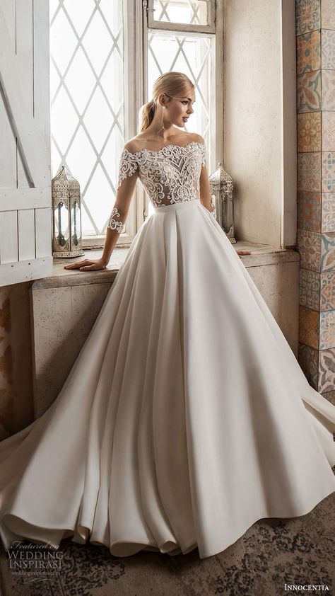 innocentia 2021 bridal 3 quarter illusion sleeves off shoulder neckline heavily embellished lace bodice a line ball gown wedding dress clean skirt chapel train (1) mv -- Innocentia 2021 Wedding Dresses | Wedding Inspirasi  #wedding #weddings #bridal #weddingdress #weddingdresses #bride #fashion #collection:Casablanca #label:Innocentia #week:162020 #year:2021 ~ Half Sleeve Wedding Dress, Casa Blanca Wedding Dress, Lace Wedding Dress With Sleeves, Pink Wedding Dresses, Long Sleeve Wedding Dress Lace, Womens Wedding Dresses, Country Wedding Dresses, Wedding Dress Sleeves, Wedding Dress Long Sleeve