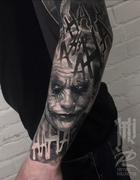 Joker Laughing Tattoo, Two Dates Tattoo, Joker Hahaha Tattoo, Joker Leg Tattoo, Joker Sleeve Tattoo, Joker Tattoo Ideas For Men, Heath Ledger Joker Tattoo, Batman Tattoo Design, The Joker Tattoo