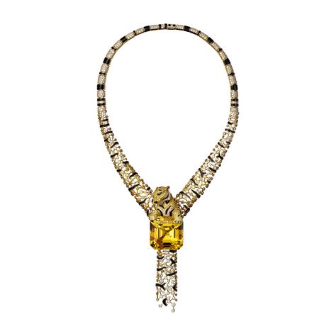 HIGH JEWELRY NECKLACE Yellow gold, a 86.85-carat emerald-cut, yellow diamonds, golden brown diamonds, emerald eyes, onyx, bright yellow beryl. Cartier Tiger, Cartier High Jewelry, High Jewelry Necklace, Rocks Jewelry, Jewelry Gold Necklace, Cartier Necklace, Brown Diamonds, Emerald Eyes, Yellow Diamonds