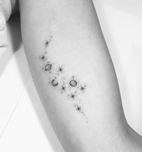 Feminine Dotwork Tattoo, Celestial Filler Tattoo, Tiny Solar System Tattoo, Dainty Space Tattoos, My Universe Tattoo, Small Space Tattoo Ideas, Milkyway Tattoos, Astronomy Tattoo Ideas, The Universe Tattoo