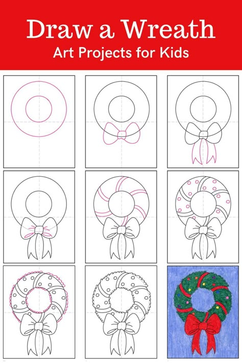 Learn how to draw a Wreath with an easy step-by-step PDF tutorial. #howtodraw #tutorial #drawing #drawingtutorial #arttutorial #artprojectsforkids #howtodrawforkids #wreath #christmaswreath How To Draw A Wreath Step By Step, Drawings For Christmas, Xmas Envelope, Drawing Projects For Kids, Xmas Crafts Kids, Cards Drawing, Christmas Cards Drawing, Christmas Sketch, Crayon Drawing