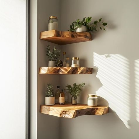 Corner Bookshelf Aesthetic, Floating Shelves Design, Walnut Floating Shelf, Walnut Floating Shelves, Live Edge Shelves, Floating Bookshelf, Shelves Design, Nursery Bookshelf, Floating Bookshelves