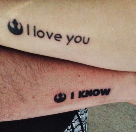 Couple's Star Wars tattoo I love you.. I know Matching Star Tattoos, Best Couple Tattoos, Nerdy Tattoos, Tattoos For Couples, Tattoos Infinity, Couple Tattoos Unique, Kunst Tattoos, Couples Tattoo Designs, Matching Couple Tattoos