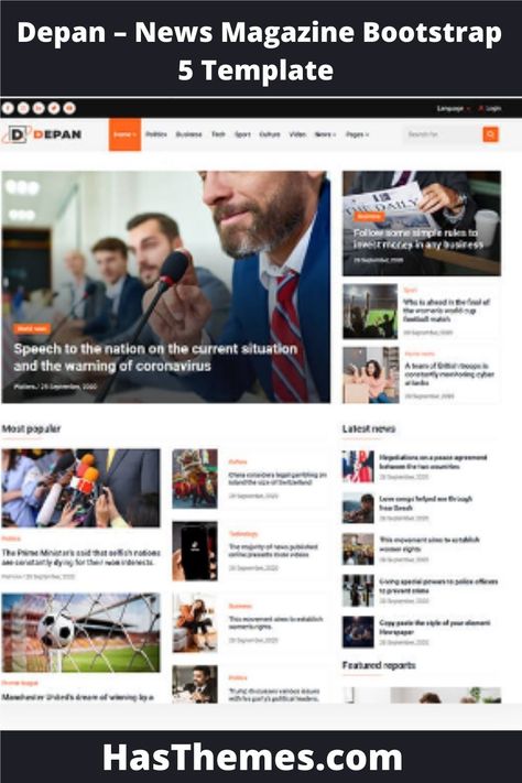 Depan is a modern HTML template designed specifically for blogs, magazines, newspapers, and news portals. The template has four different homepage designs as well as numerous inner pages. Depan is a suitable solution for creating a modern, responsive news magazine website. With 4+ demo variations and Bootstrap 5 & Sass support, you can create a website that looks great on any device. 5 Template, Magazine Website, Newspaper Magazine, Hebrew Language, Homepage Design, Create A Website, News Magazine, Html Templates, Website Templates