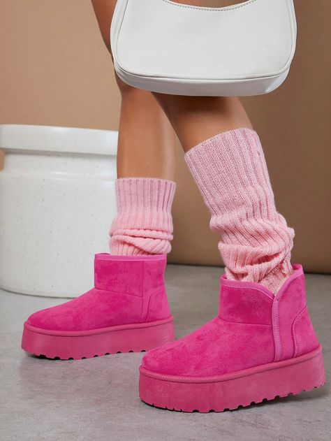 Hot Pink Funky Collar   Plain Snow Boots Embellished   Women Shoes Low Boots Outfit, Pink Uggs Outfit, Pink Uggs, Comfy Outfits Winter, Lug Sole Boots, Warm Boots, Pink Boots, Uggs Outfit, Low Boots