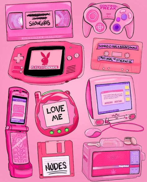 Y2k Illustration Art, 90s Aesthetic Drawing Ideas, Pink Tech Aesthetic, Pink Illustration Aesthetic, 90s Doodles, 90s Art, Cute Doodle Art, Cute Doodles, Sticker Art