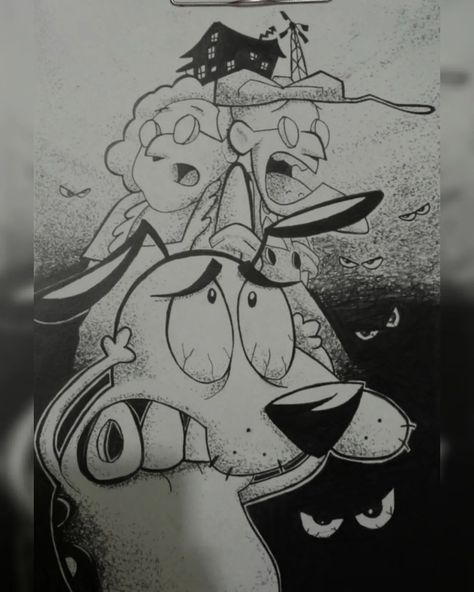 Courage The Cowardly Dog Doodle, Courage The Cowardly Dog Sketch, 90s Cartoon Drawings Pencil, Courage The Cowardly Dog Tattoo Design, Cartoon Network Sketches, Cartoon Network Characters Drawings, Cartoon Network Drawings, Courage The Cowardly Dog Painting, Courage The Cowardly Dog Drawing