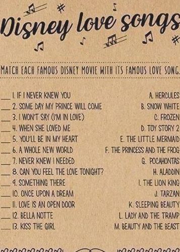 Disney Love Songs, Bridal Shower Games Printable, Bridal Shower Decorations Rustic, Disney Bridal Showers, Bridal Shower Planning, Bridal Games, Diy Rustic Decor, Dark Disney, Printable Bridal Shower Games