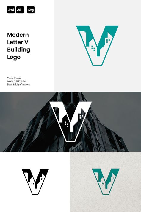 Modern Letter V Building Logo Ideal for: - Real Estate and Property Businesses - Construction and Development Companies - Modern Architectural Identities Style Attributes: - Minimalist - Modern - Simple You'll receive: - 100% Resizable vector logo - Customizable colors - AI, PSD & SVG files For support and customization, contact us. Redefine your brand with our Modern Letter V Building Logo. Make a statement of modernity and architectural prowess. V Typography Logo, Logo Building Company, Architecture Company Logo, Development Logo, Property Branding, Motion Graphics Typography, Property Logo, Building Development, Halloween Social