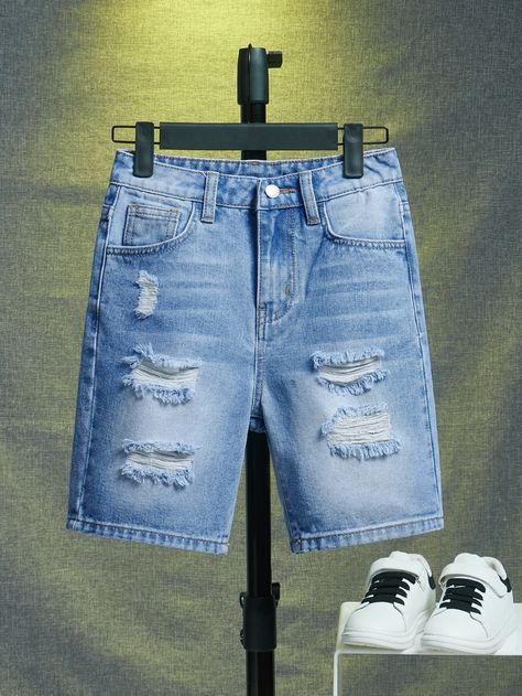 Light Wash  Collar  Denim Plain Bermuda Embellished Non-Stretch  Tween Boys Clothing Short Dins, Parachute Jeans, Boys Denim Shorts, Bleu Azur, Mens Denim Shorts, Teen Boy Outfits, Gucci Outfits, Baggy Denim, Bermuda Jeans