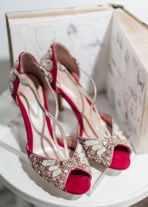 White Gallery London 2016 Emmy London Red Bridal Shoes Embellished Red Bridal Shoes, My Dream Wedding, Red Wedding Shoes, Satin Wedding Shoes, Wedding Shoes Vintage, Stile Boho Chic, Shoe Gallery, Bridal Sandals, Bridal Heels