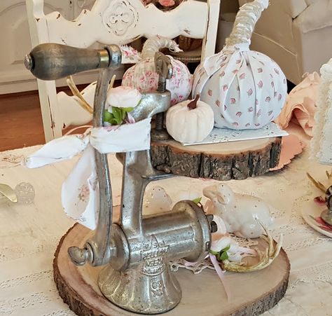 Penny's Vintage Home: How to Repurpose a Vintage Meat Grinder Repurposed Meat Grinder, Antique Meat Grinder Decor, Vintage Meat Grinder Repurposed, Meat Grinder Decor, Pumpkin Holders, Antique Kitchen Utensils, Hutch Styling, Vintage Kitchen Utensils, Antique Kitchen