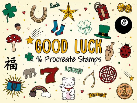 46 Luck Stamps for Procreate. Lucky Stamps, St. Patricks Day Stamps for Procreate. Lucky Charms Drawings for Procreate.  You are free to use these Lucky brushes to create your own custom art. Make mugs, greetings cards, instagram story highlights, stickers.. you can use these procreate stamps for commercial and personal usage. This brush set included 46 procreate stamps of luck icons hand drawn by 'Me', all properly named for easy use. There are a lot of shapes to choose from (check out the vide Symbols Of Good Luck, Lucky Charms Drawing, Good Luck Doodle, Lucky Charms Illustration, Good Luck Nails, Good Luck Drawing, Lucky Pictures, Lucky Illustration, Good Luck Charms Symbols