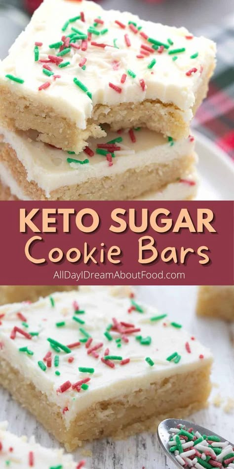 These Keto Sugar Cookie Bars have all the tenderness and flavor of your favorite cookie in an easy-to-make bar form. Topped with sugar-free buttercream and sprinkles, they’re a perfect treat for any occasion! Keto Quiche, Keto Christmas Cookies, 1000 Calorie, Keto Bars, Keto Cookie Recipes, Postre Keto, Breakfast Low Carb, Keto Treats, Keto Christmas